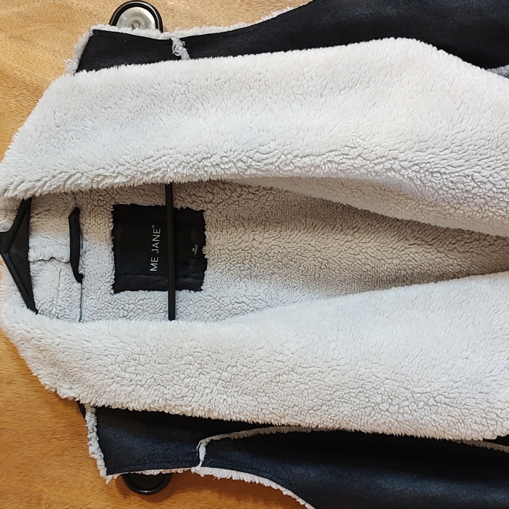 Me Jane Womens Boho Open Front Vest Faux Suede Black & Beige Faux Fur Lined Med - Picture 2 of 6